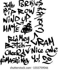 Many graffiti tags on a white background. Vector art.