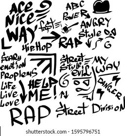 Many graffiti tags on a white background. Vector art.