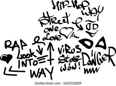 Many graffiti tags on a white background. Vector art.