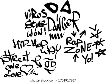 Many graffiti tags on a white background. Vector art.