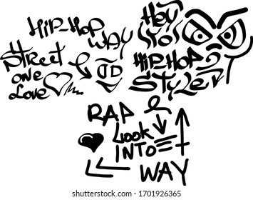 Many graffiti tags on a white background. Vector art.