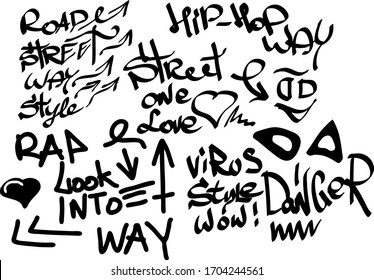 Many graffiti tags on a white background. Vector art.