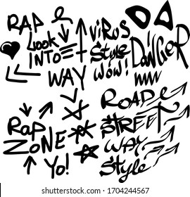 Many graffiti tags on a white background. Vector art.