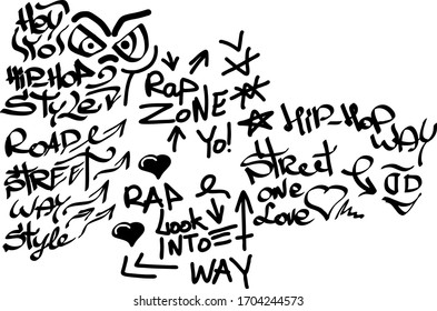 Many graffiti tags on a white background. Vector art.