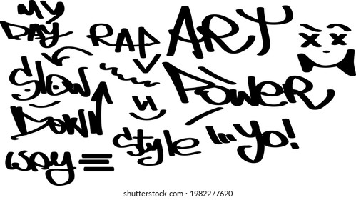 Many graffiti tags on a white background. Vector art.