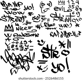 Many graffiti tags on a white background. Vector art.