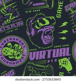 Many graphics show gaming elements such as a gorilla wearing virtual reality glasses. Different gaming themes highlight activities related to esports and tournaments. The setting is digital.