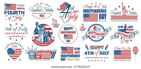 Many graphics show symbols of Independence Day in USA. Scenes include flags fireworks and the Statue of Liberty. Each design expresses joy for the 4th of July holiday.