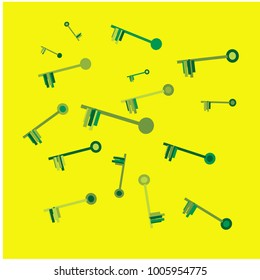 Many Green and Blue Keys of Different Size on Yellow Background