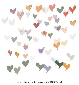 Many Green, Blue, Red and Orange Hearts on White Background
