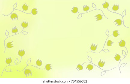Many Green Flowers with Grey Leaves and Stems on Light Yellow Background