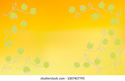 Many Green Flowers with Leaves and Stems on Orange Gradient Background