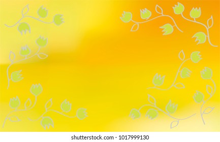 Many Green Flowers with Leaves and Stems on Orange Gradient Background