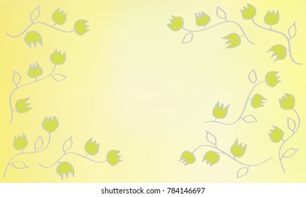 Many Green Flowers with Leaves and Stems with Empty Space in the Center of the Image on Orange and White Gradient Background