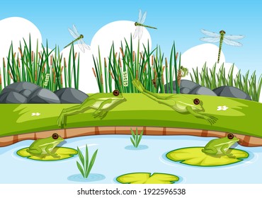 Many green frogs and dragonfly in the pond scene illustration