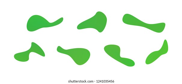 Many green gradient plastic abstract shapes. Set of stylish fluid forms in the form of drops. Vector illustration isolated on white background. 