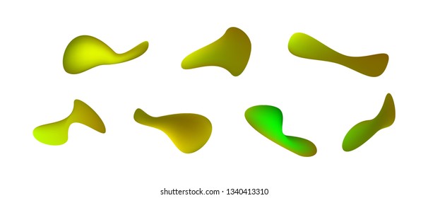 Many green gradient plastic abstract shapes. Set of stylish fluid forms in the form of drops. Vector illustration isolated on white background. 