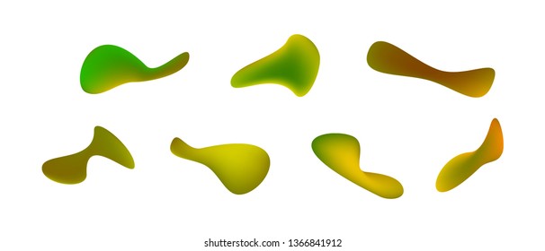 Many green gradient plastic abstract shapes. Set of stylish fluid forms in the form of drops. Vector illustration isolated on white background. 
