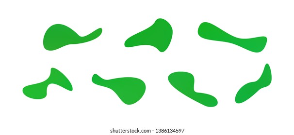 Many green gradient plastic abstract shapes. Set of stylish fluid forms in the form of drops. Vector illustration isolated on white background. 