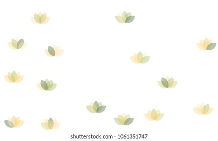 Many Green, Orange and Yellow Lotuses of Different Opacity on White Background