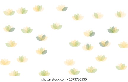 Many Green, Orange and Yellow Lotuses of Different Opacity on White Background