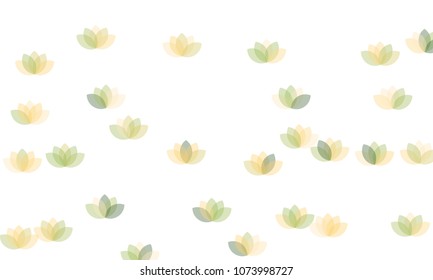 Many Green, Orange and Yellow Lotuses of Different Opacity on White Background
