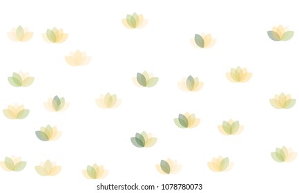 Many Green, Orange and Yellow Lotuses of Different Opacity on White Background