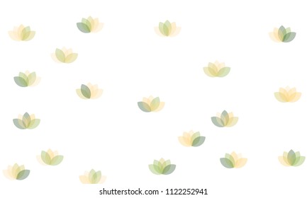 Many Green, Orange and Yellow Lotuses of Different Opacity on White Background