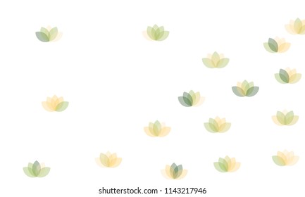 Many Green, Orange and Yellow Lotuses of Different Opacity on White Background