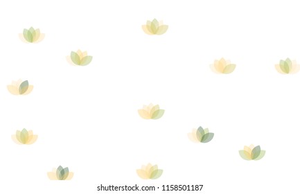 Many Green, Orange and Yellow Lotuses of Different Opacity on White Background