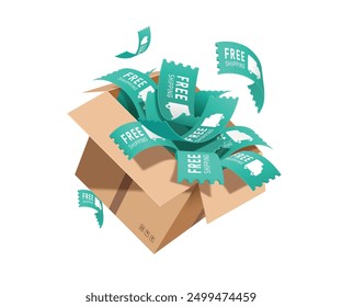 Many green paper promotional signs or tag label with text free shipping overflow from parcels or cardboard boxes for advertising promotions for parcel delivery services, vector 3d isolated for design