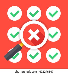 Many green ticks round check mark icons set and magnifying glass with big cross icon. Make bad choice, wrong decision, no solution concepts. Trendy long shadow flat design. Vector illustration