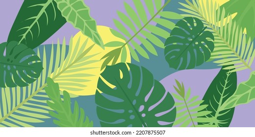 Many green tropical leaves on color background
