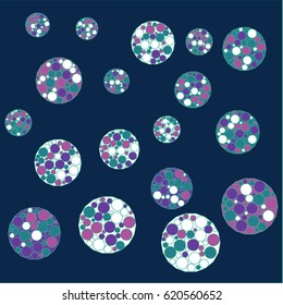 Many Green, Violet, Blue and White Bubbles on Dark Blue Background
