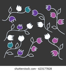 Many Green, Violet and Pink Flowers with White Leaves and Stem on Black Background