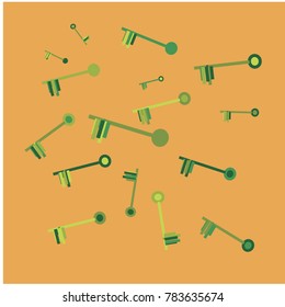 Many Green and Yellow Keys of Different Size on Orange Background