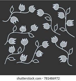 Many Grey Flowers with Leaves and Stems on Dark Grey Background
