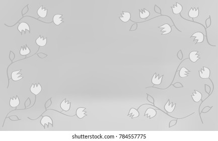 Many Grey Flowers with Grey Stems and Leaves on Grey Gradient Background