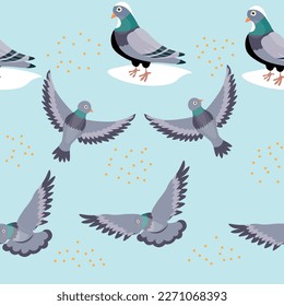 Many grey pigeons on light blue background. Seamless pattern for