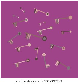 Many Grey, Violet and Blue Keys of Different Size on Dark Violet Background