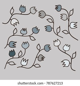 Many Grey and White Flowers with Stems and Leaves on Grey Background