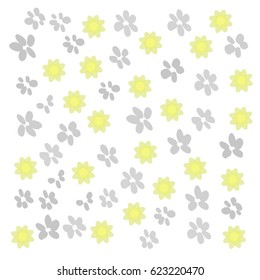 Many Grey and Yellow Flowers of Different Shape on White Background