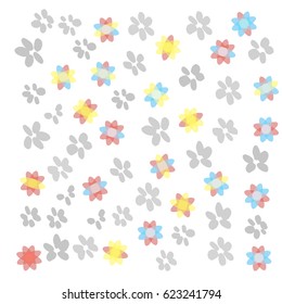 Many Grey, Yellow, Red and Blue Flowers on White Background