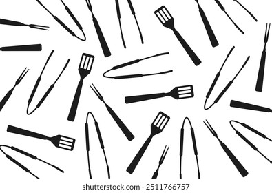 Many grill utensils icons background.