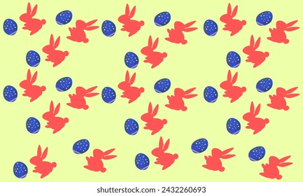 many groups of a red orange rabbit or bunny and purple and pink dotted and striped dark blue egg with a light yellow background