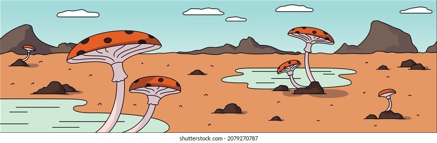 Many growing mushrooms, landscape panoramic plant background - illustration