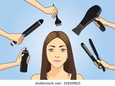 Many hairdresser make hair styling to woman with hair styling tools include straightening irons, hair dryers, tint brush, curling irons and hair spray.