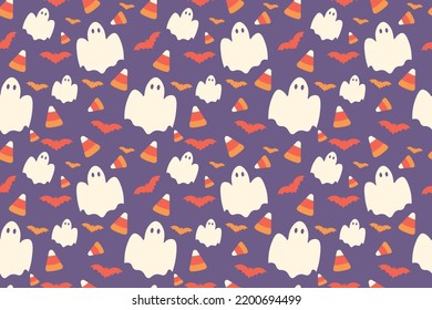 Many Halloween candies, ghosts and bats on violet background. Pa