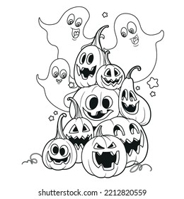 Many of Halloween pumpkins lanterns with the cut out of a grin surrounded by ghosts outline for coloring page isolated on white