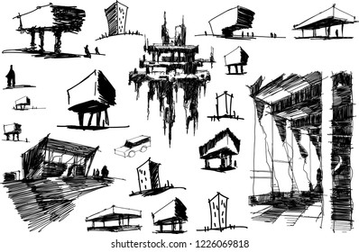 many hand drawn architectectural sketches of a modern abstract architecture nad geometric objects and urban ideas and drafts